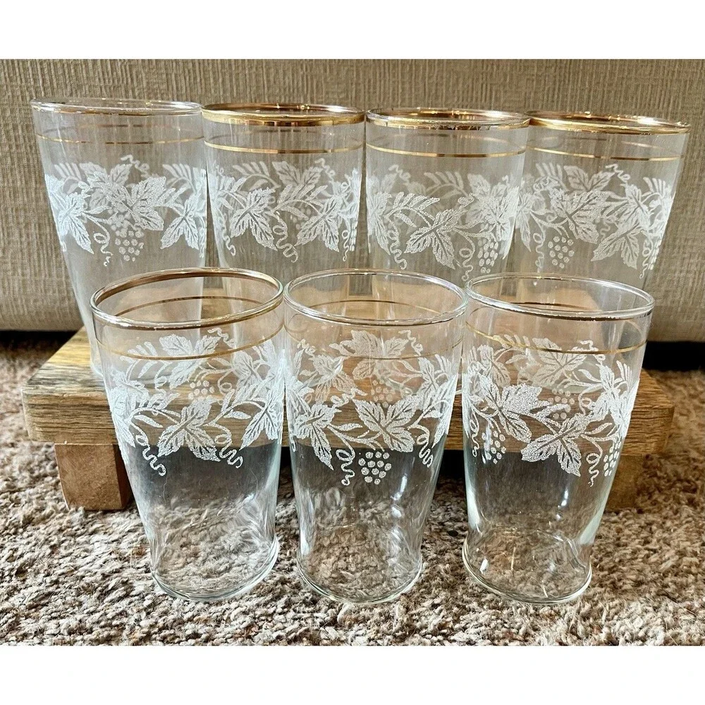 Vintage Bartlett Collins 806 Grapevine Frosted Tumblers Gold Rim Set of 7